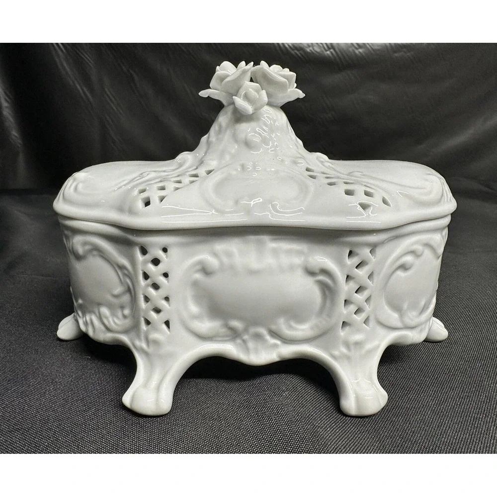 Lefton 60th Anniversary Legacy White Porcelain Rose Lattice Footed Trinket Box